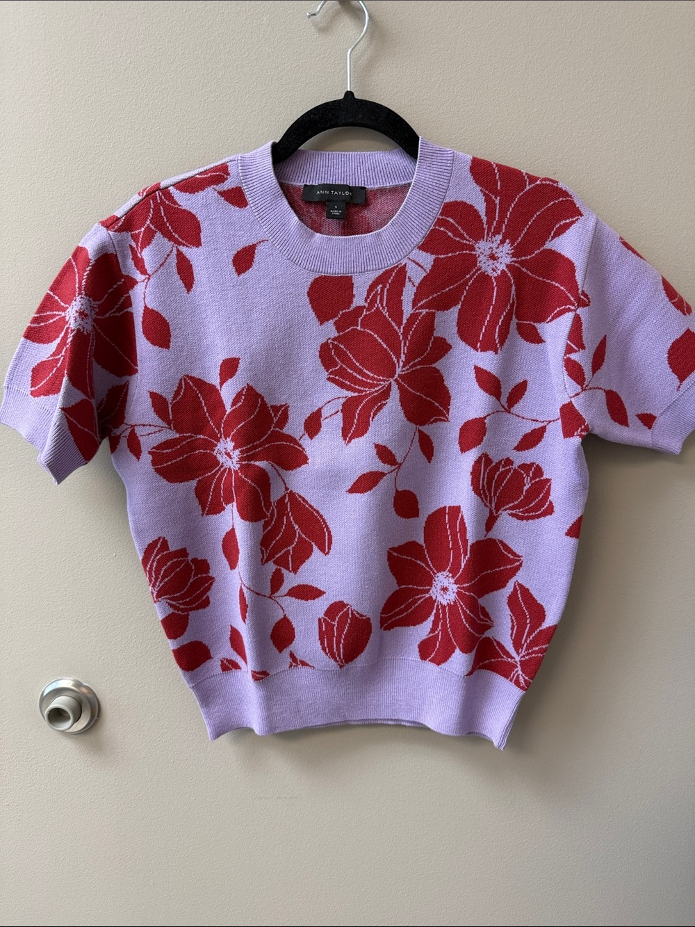 Ann Taylor Lavender and Red Floral Short-Sleeve Crewneck Sweater - Size Small
